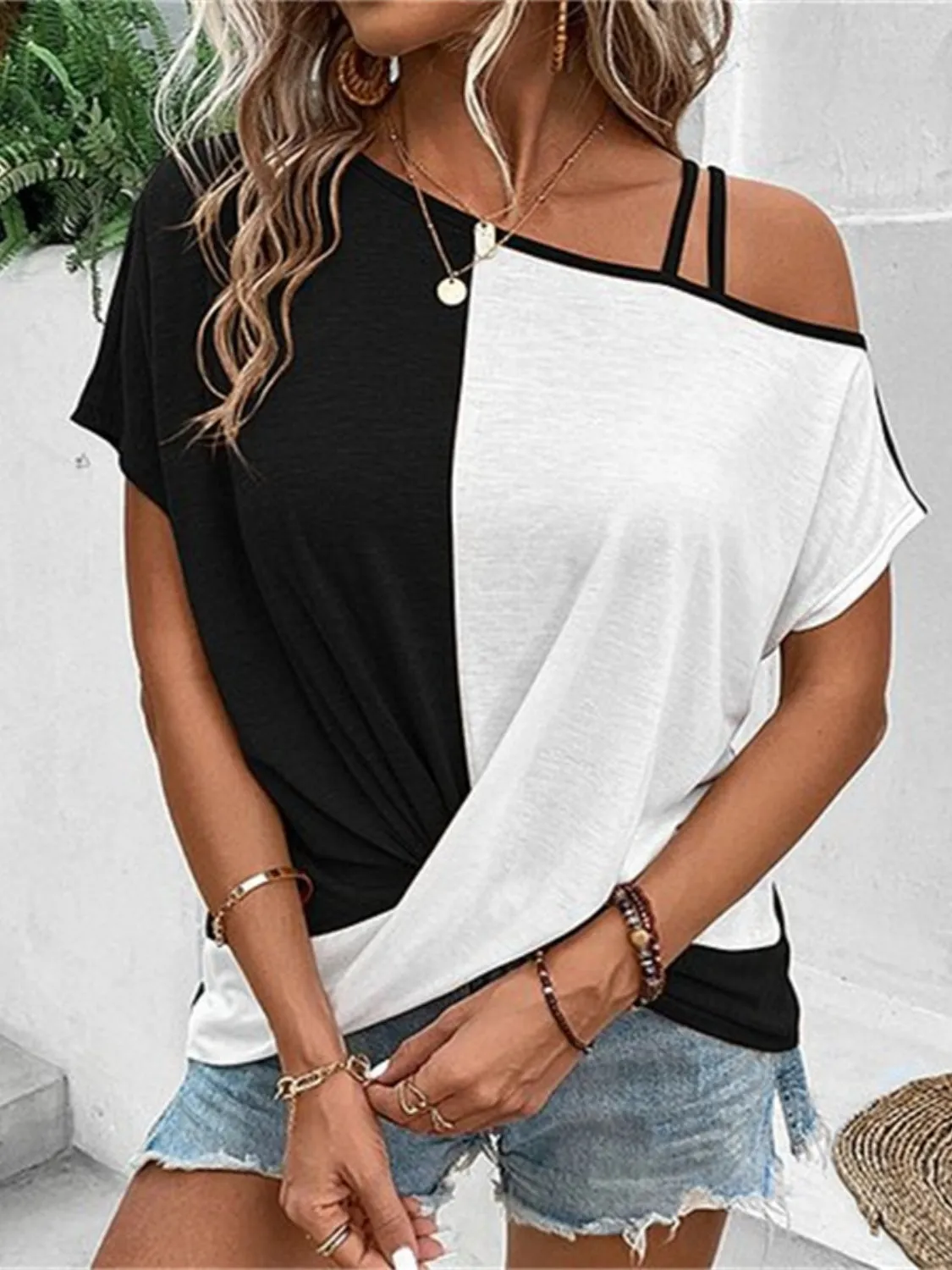Brea Contrast Asymmetrical Neck Short Sleeve T-Shirt