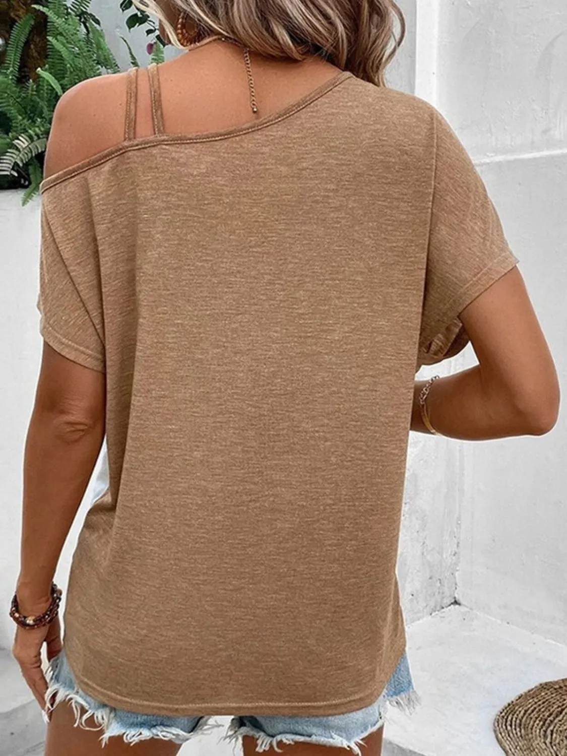 Brea Contrast Asymmetrical Neck Short Sleeve T-Shirt