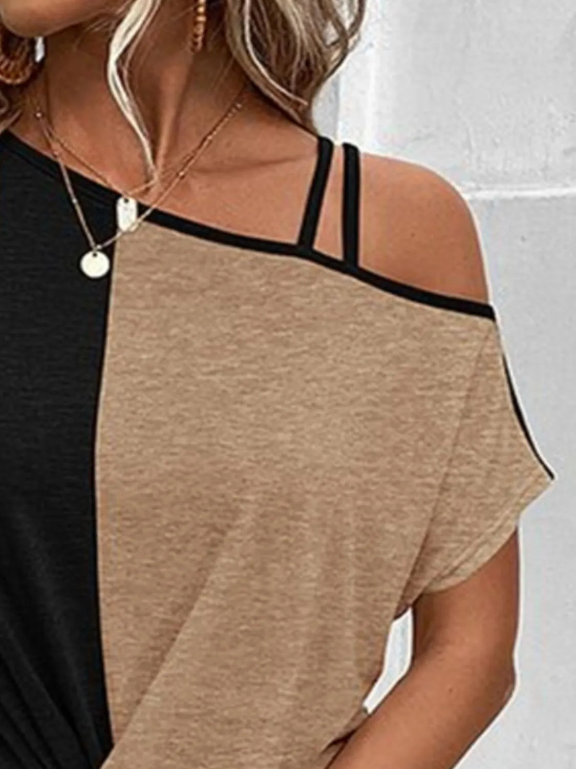 Brea Contrast Asymmetrical Neck Short Sleeve T-Shirt