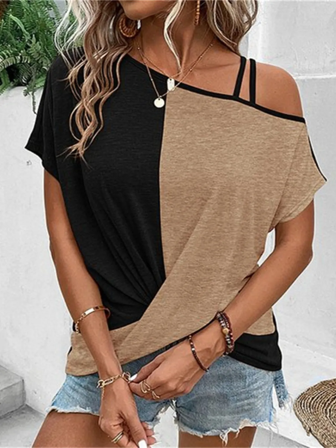 Brea Contrast Asymmetrical Neck Short Sleeve T-Shirt
