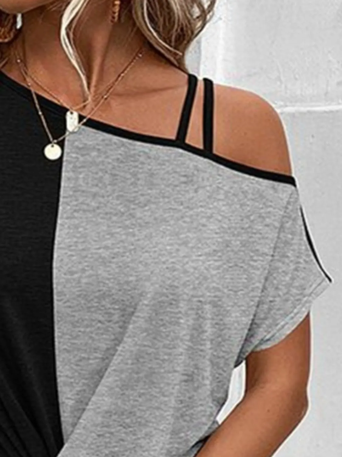 Brea Contrast Asymmetrical Neck Short Sleeve T-Shirt