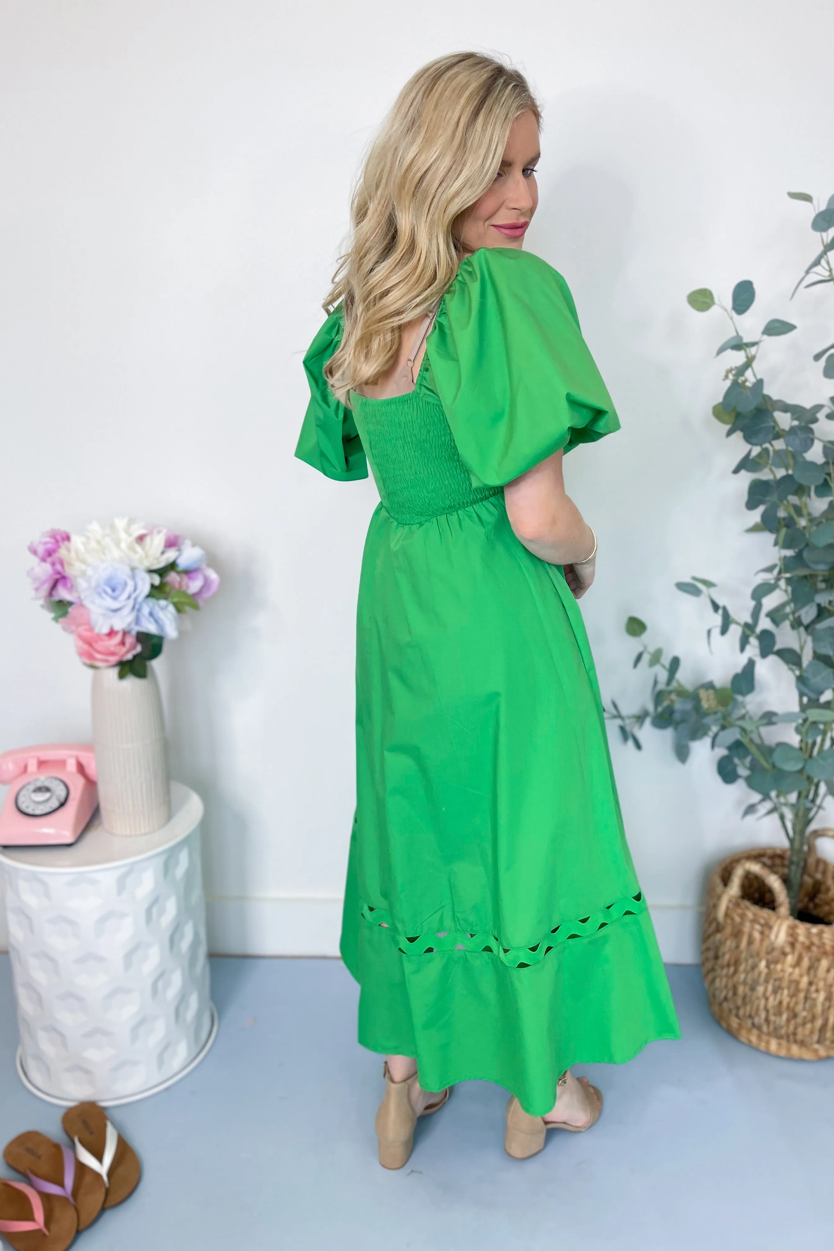 Brennley Puff Sleeve Ric Rac Trim Midi Dress