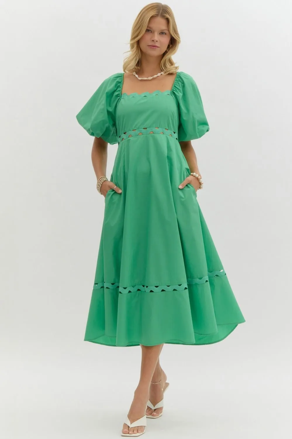 Brennley Puff Sleeve Ric Rac Trim Midi Dress