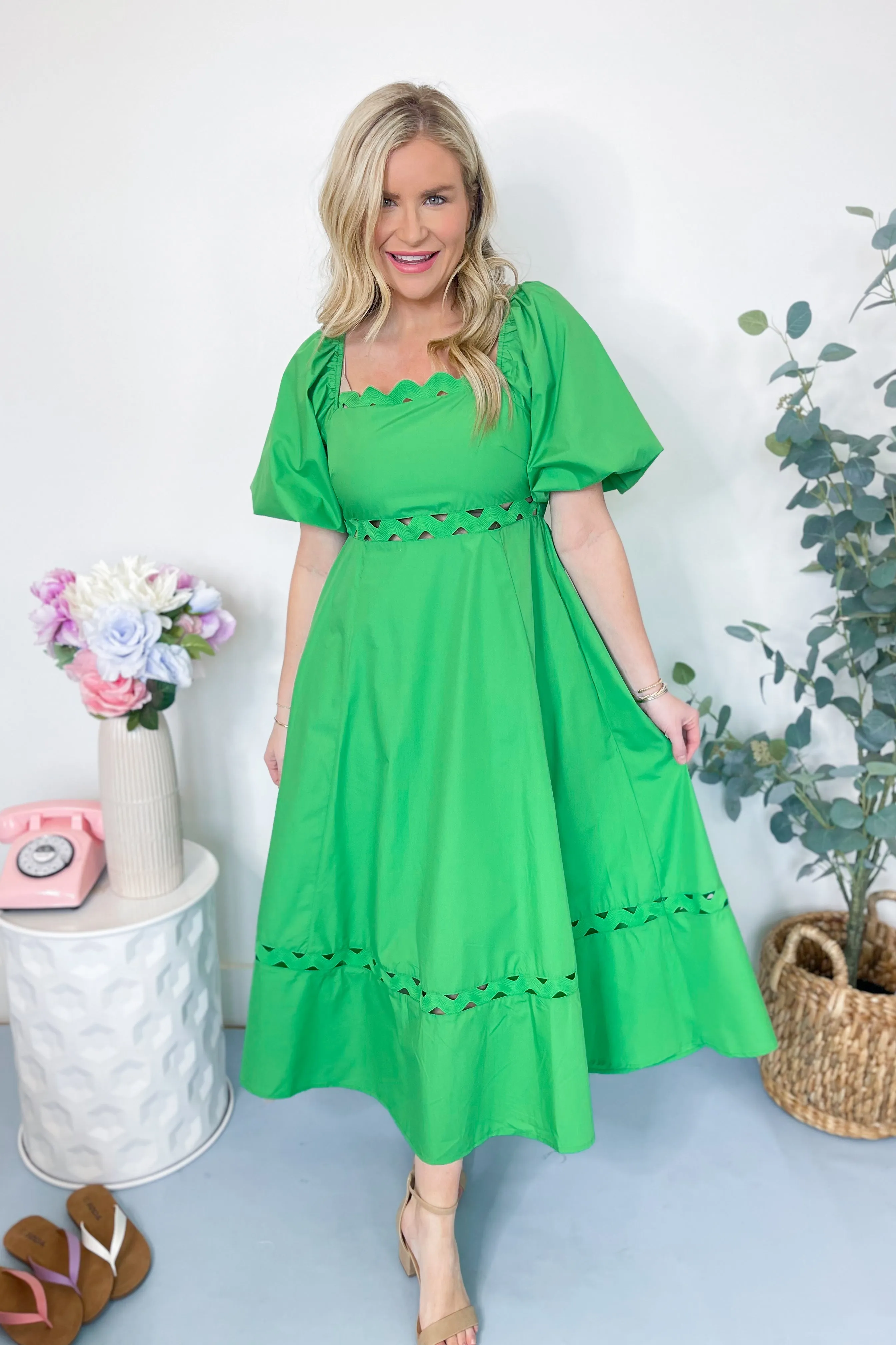 Brennley Puff Sleeve Ric Rac Trim Midi Dress