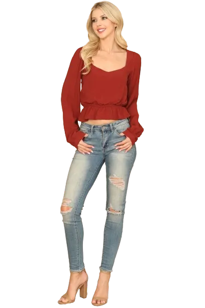 Brick Puff Sleeve Elastic Ruffle Waist Crop Top - Pack of 5