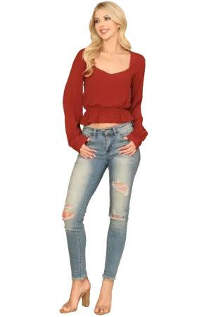 Brick Puff Sleeve Elastic Ruffle Waist Crop Top - Pack of 5