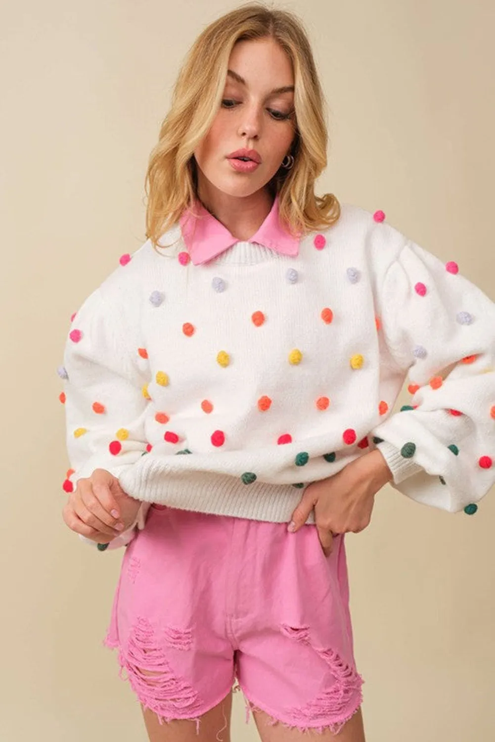 Bright White Sweet Pompom Puff Sleeve Sweater