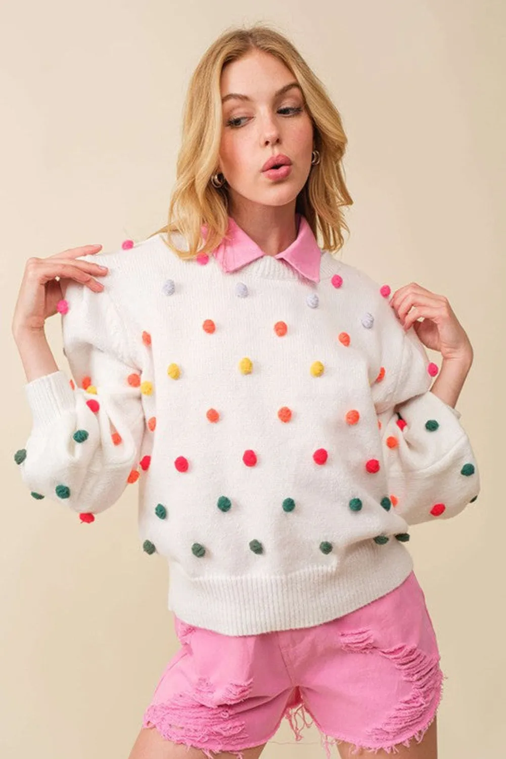 Bright White Sweet Pompom Puff Sleeve Sweater