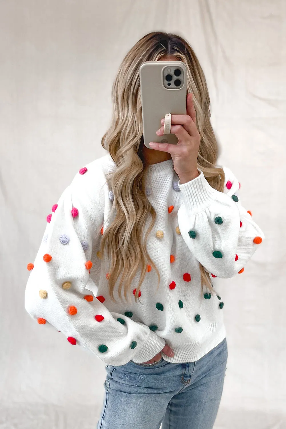 Bright White Sweet Pompom Puff Sleeve Sweater