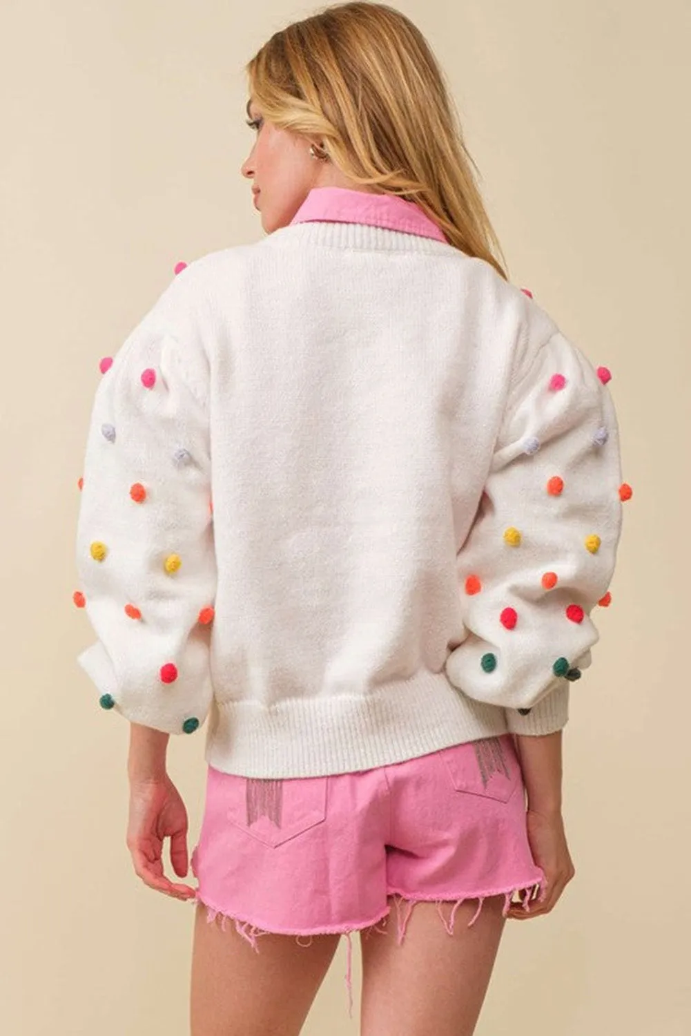 Bright White Sweet Pompom Puff Sleeve Sweater