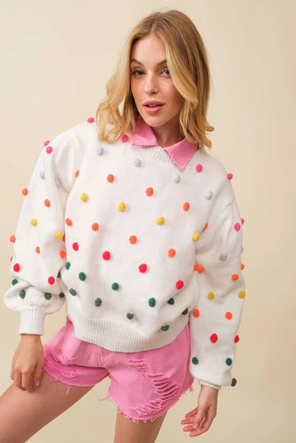 Bright White Sweet Pompom Puff Sleeve Sweater