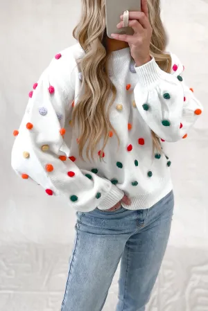 Bright White Sweet Pompom Puff Sleeve Sweater