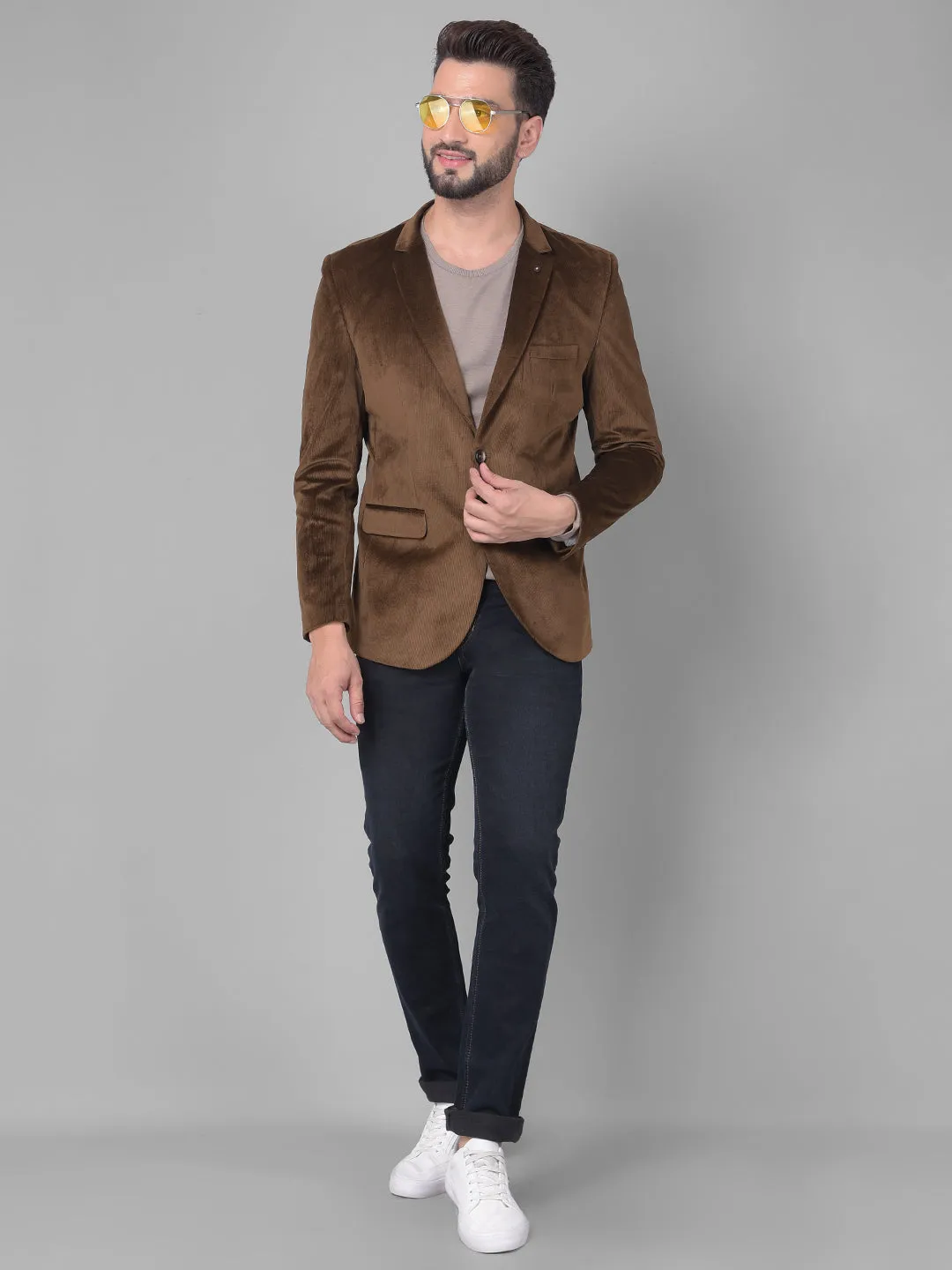 Brown Single Breasted Corduroy Blazer
