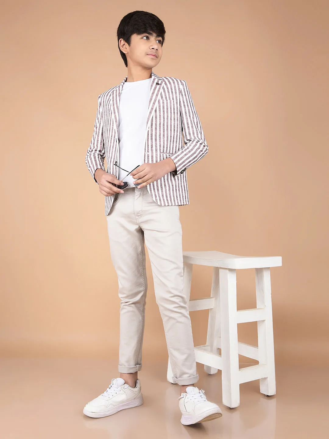 Brown Vertical Stripes Single Breasted Blazer