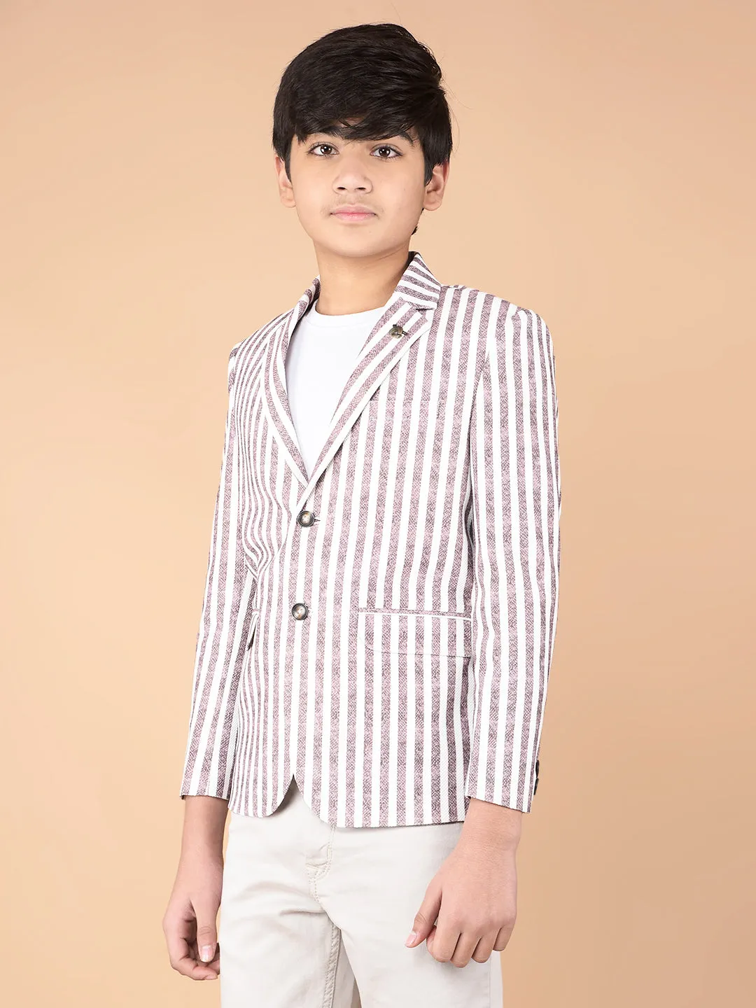 Brown Vertical Stripes Single Breasted Blazer