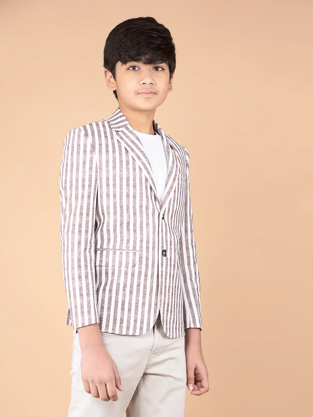 Brown Vertical Stripes Single Breasted Blazer