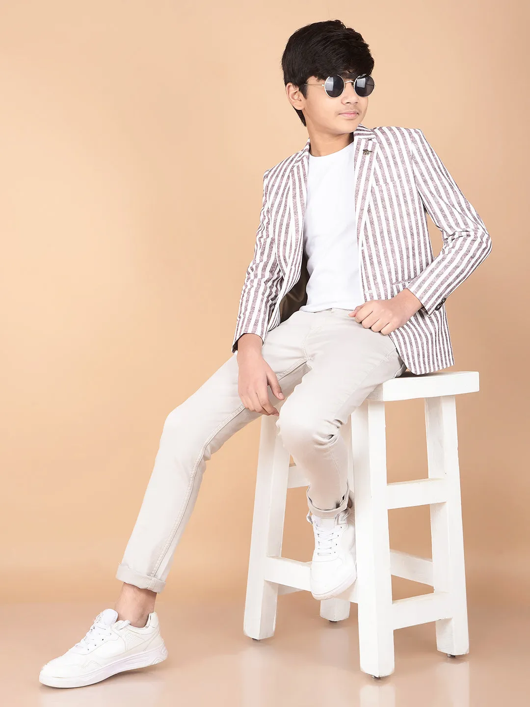 Brown Vertical Stripes Single Breasted Blazer