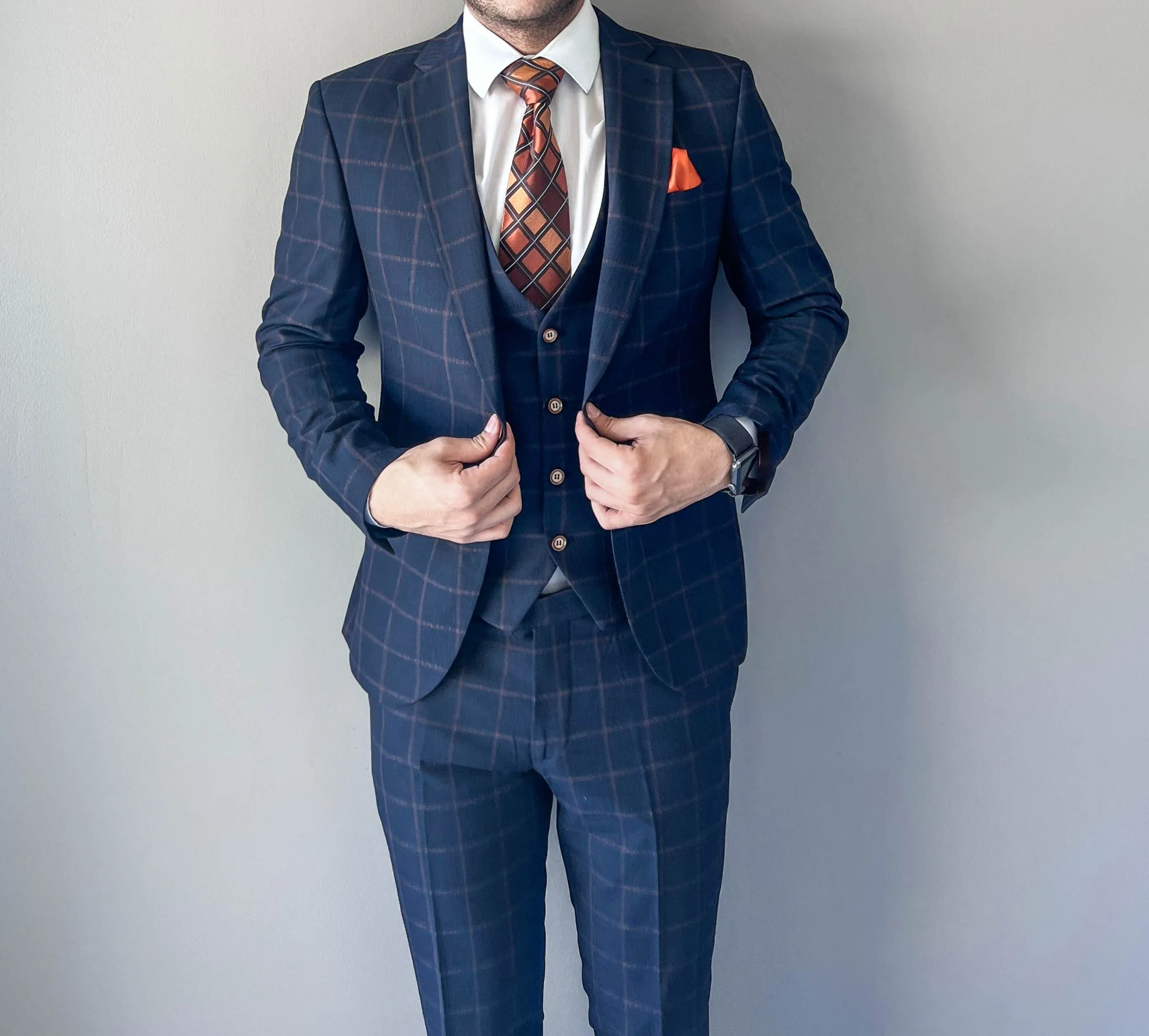 Brown&Navy Windowspane Slim fit 3-piece suit