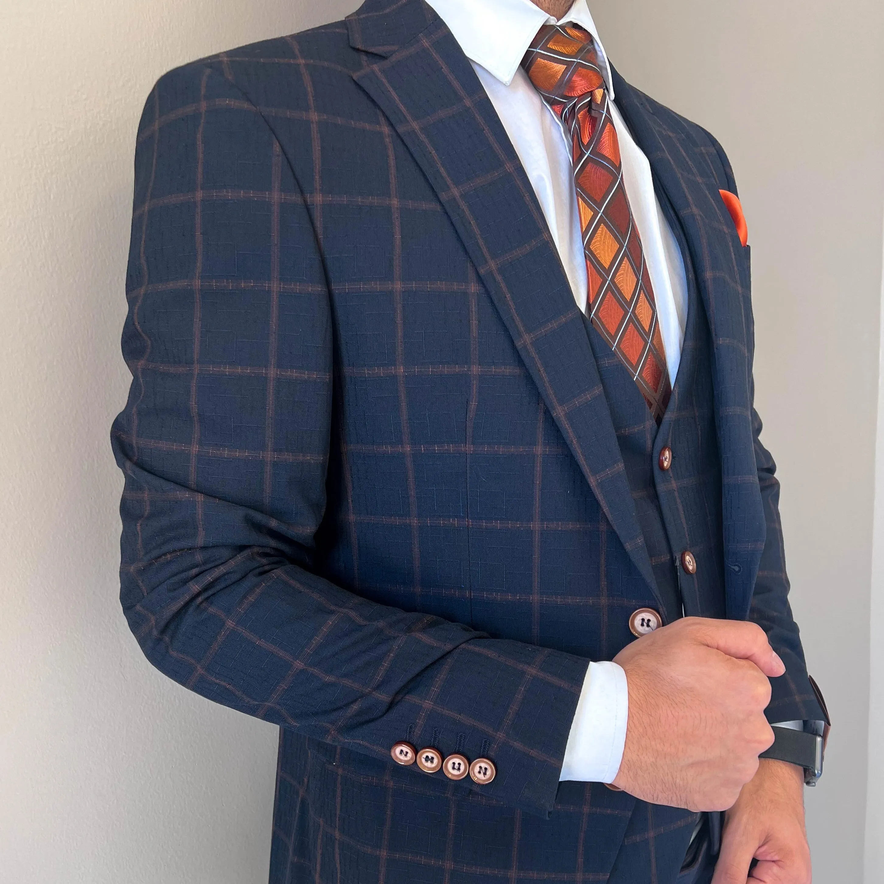 Brown&Navy Windowspane Slim fit 3-piece suit