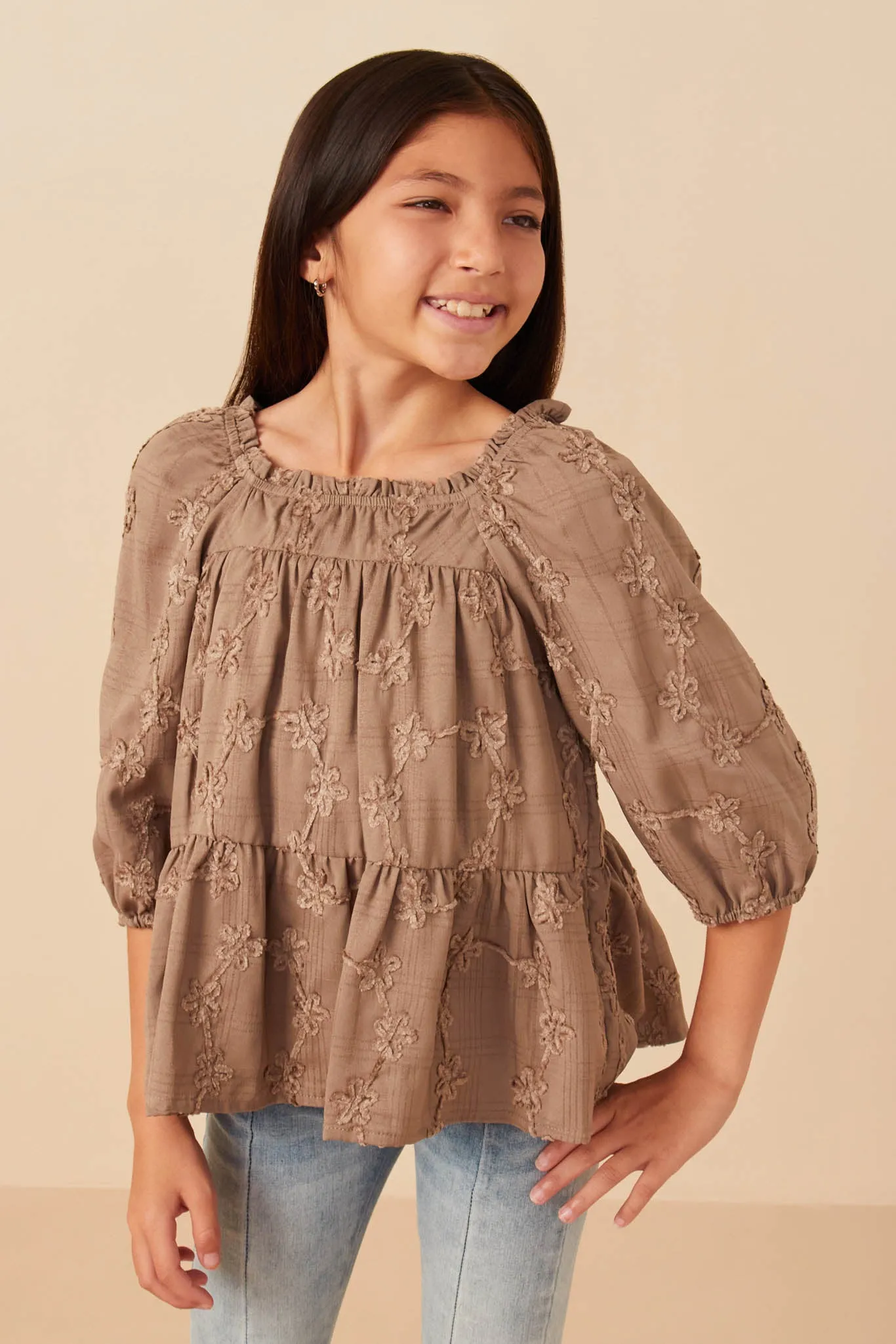 Brushed Floral Detailed Puff Sleeve Square Neck Top