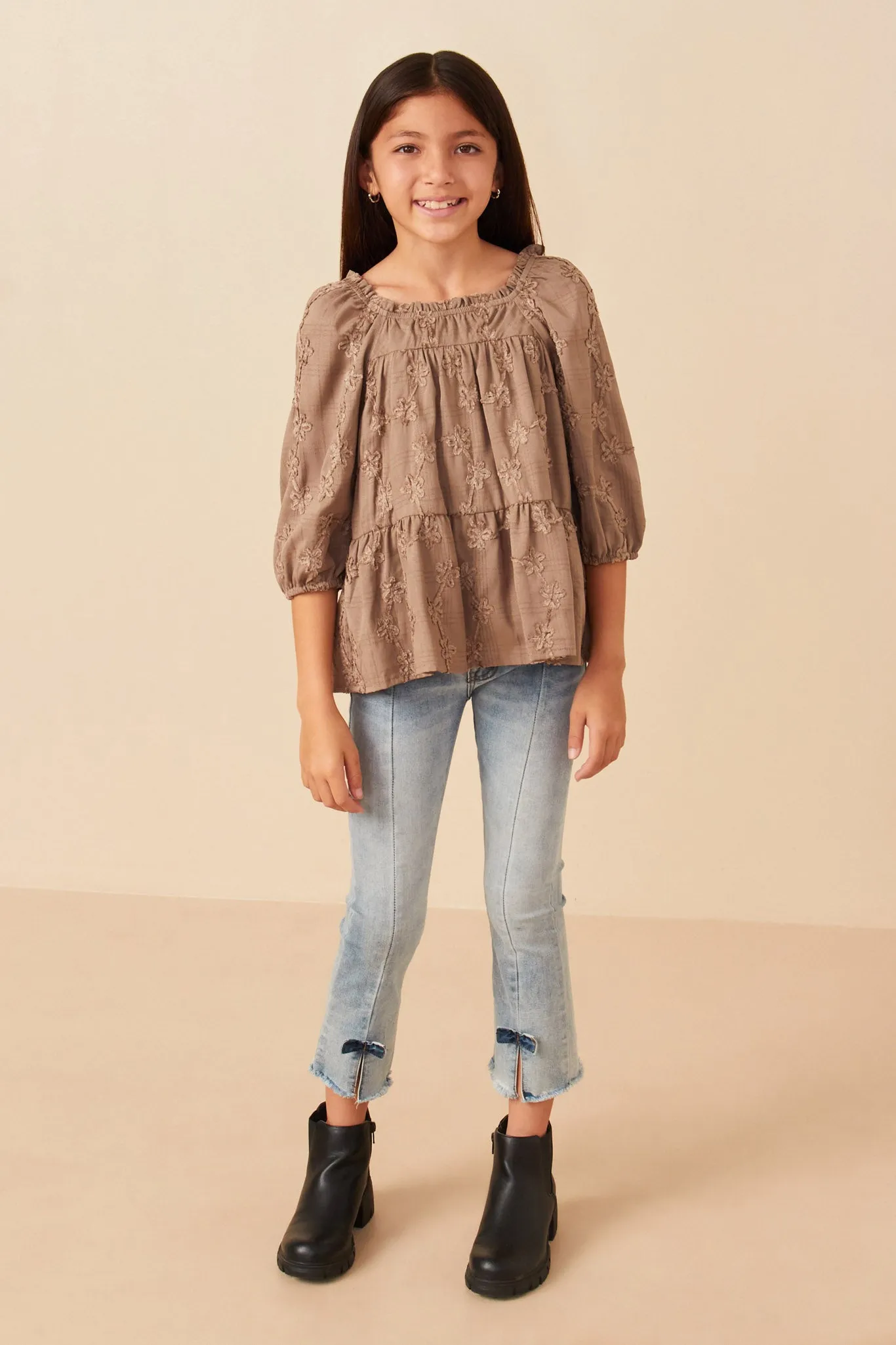 Brushed Floral Detailed Puff Sleeve Square Neck Top