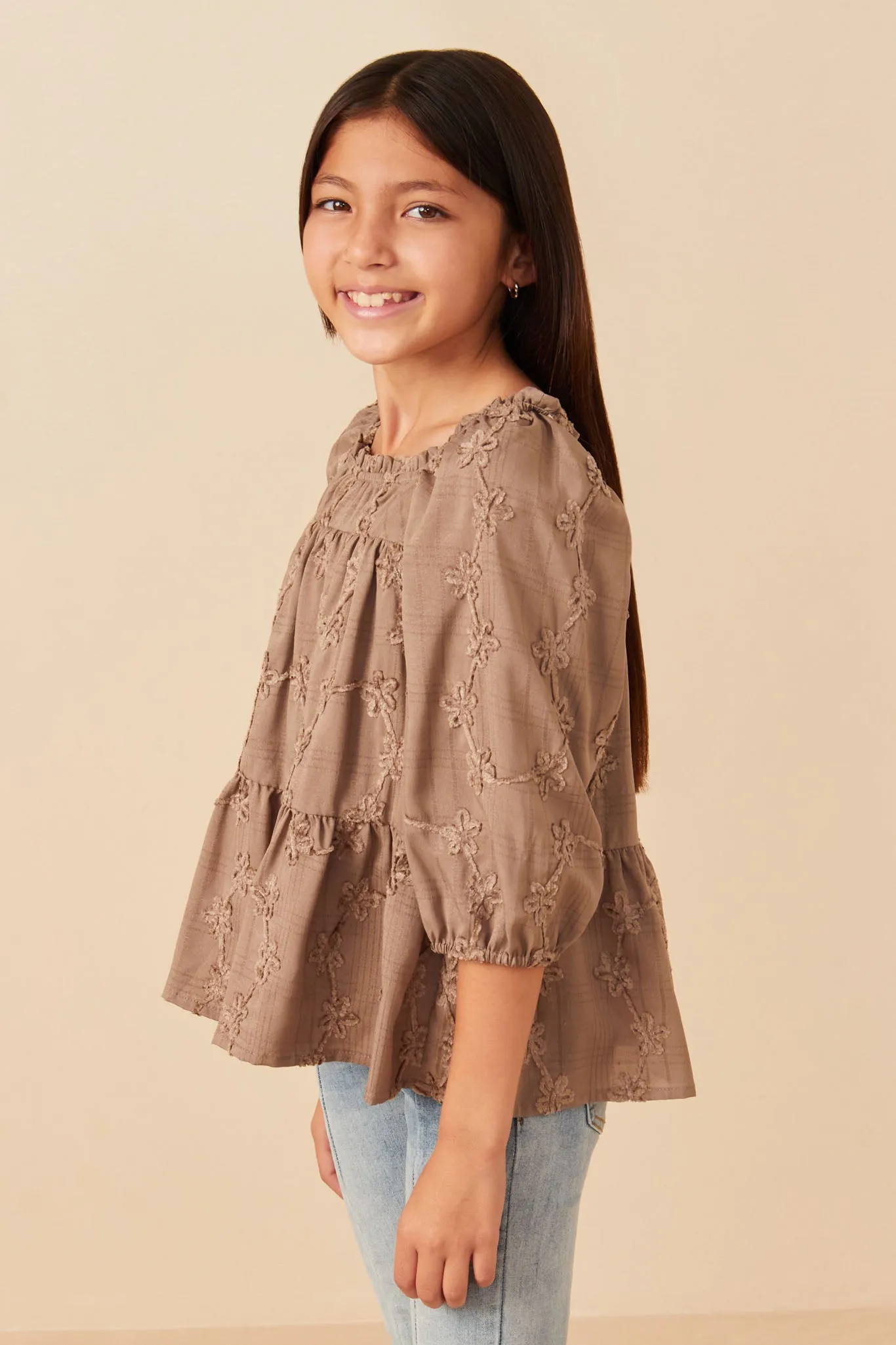 Brushed Floral Detailed Puff Sleeve Square Neck Top