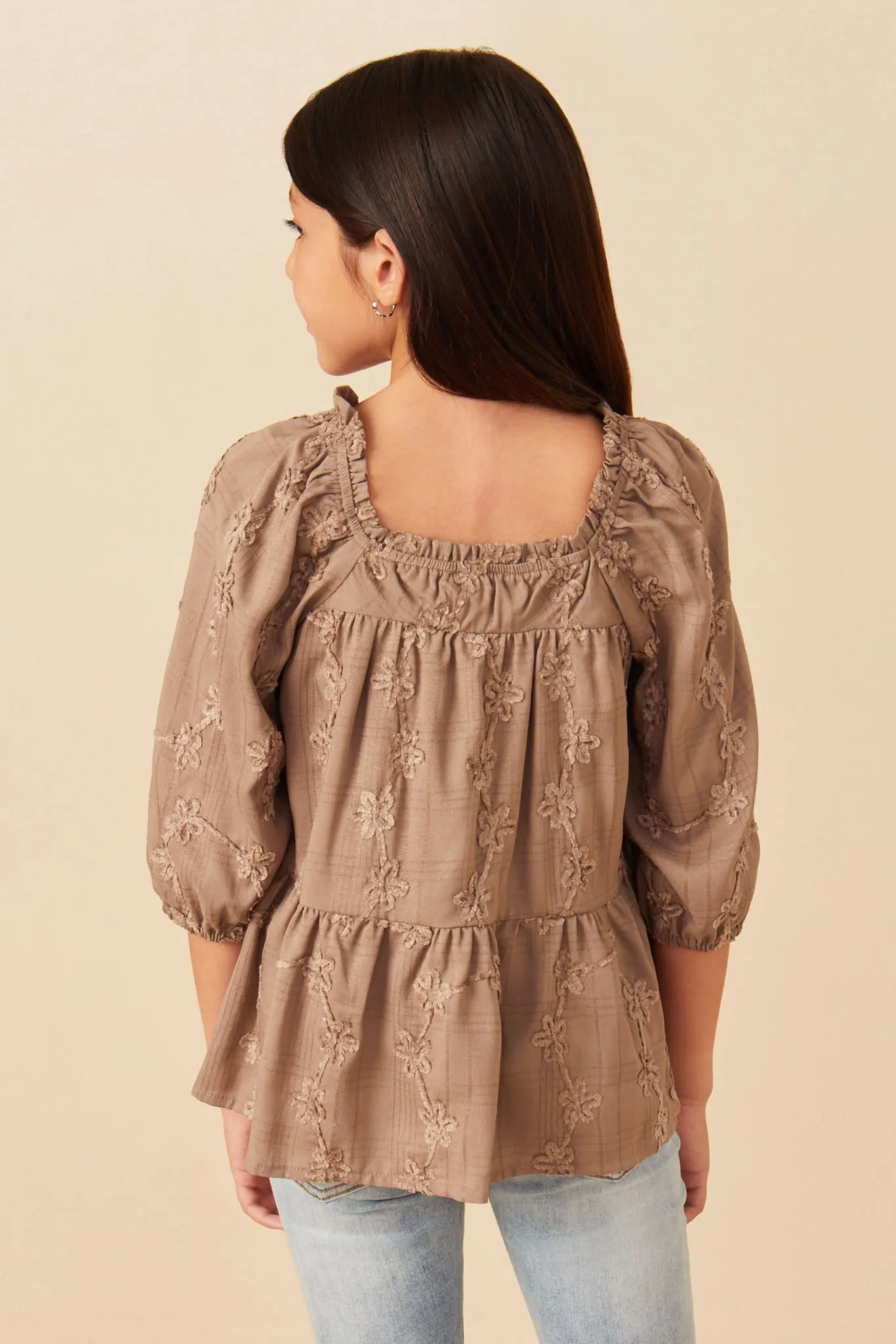 Brushed Floral Detailed Puff Sleeve Square Neck Top