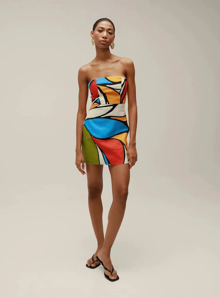 Caa027 Abstract Linen Mini Dress