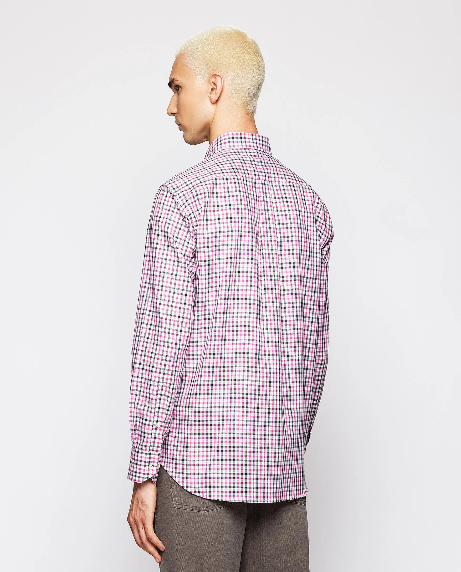 Camisa casual blanca cuadros rosas y verdes algodón Oxford
