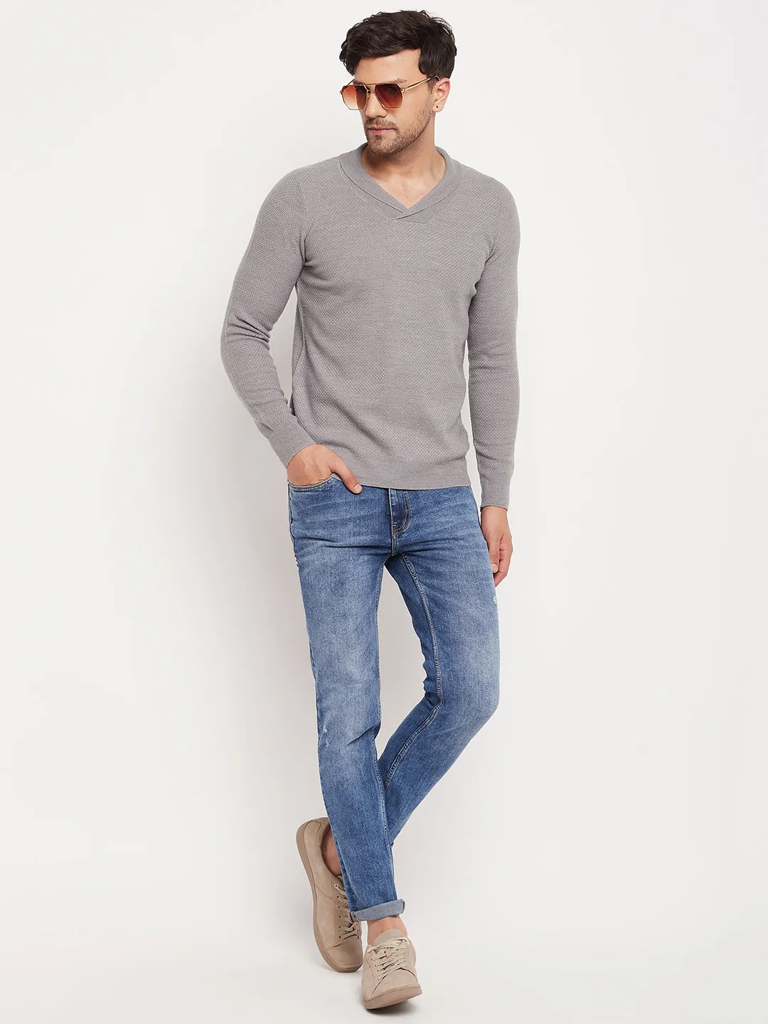 Camla Barcelona Shawl Collar Grey Sweater For Men
