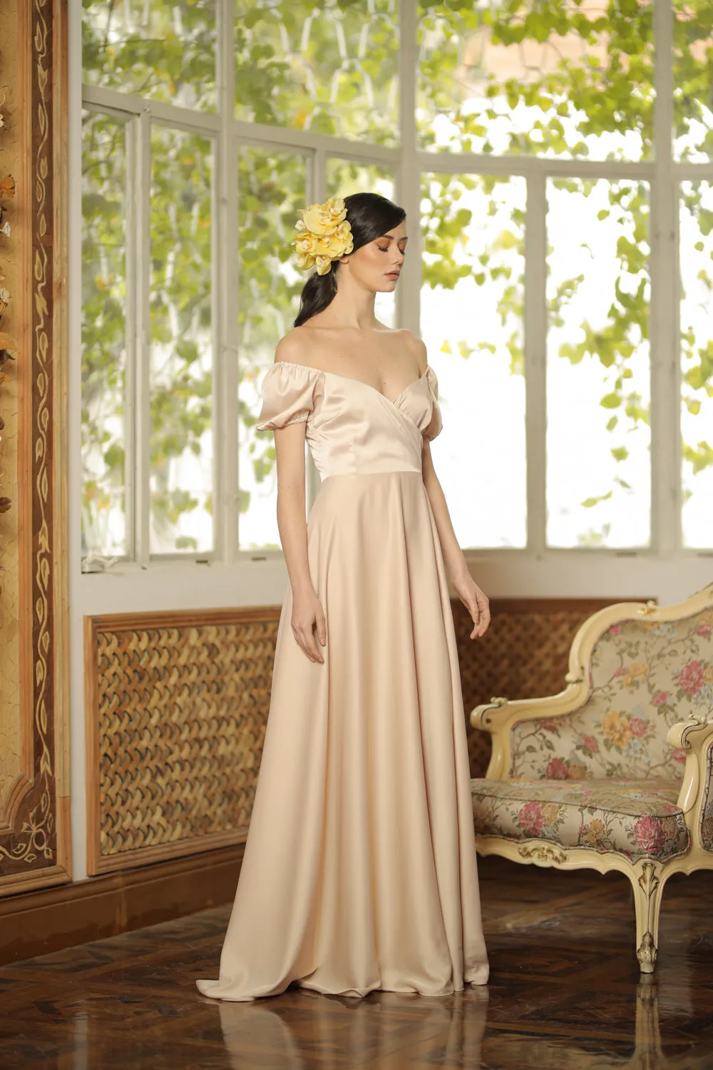 CASSANDRA Puff Sleeve Silk Maxi Dress with High Slit (Light Nude Silk)
