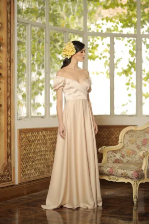 CASSANDRA Puff Sleeve Silk Maxi Dress with High Slit (Light Nude Silk)