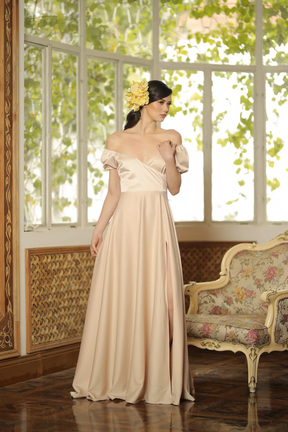 CASSANDRA Puff Sleeve Silk Maxi Dress with High Slit (Light Nude Silk)