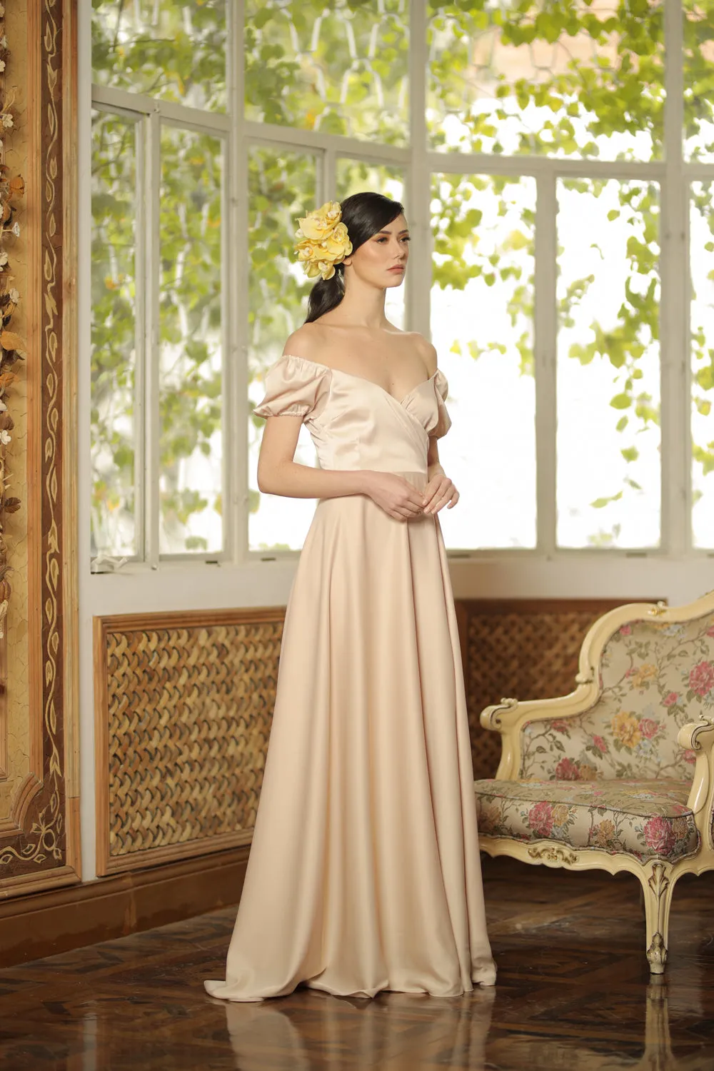 CASSANDRA Puff Sleeve Silk Maxi Dress with High Slit (Light Nude Silk)