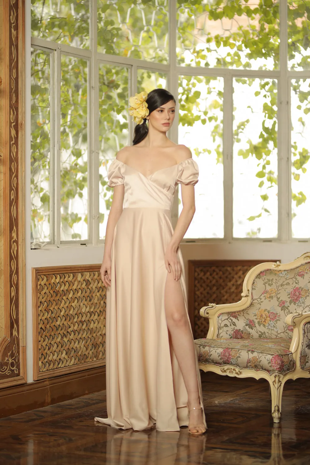 CASSANDRA Puff Sleeve Silk Maxi Dress with High Slit (Light Nude Silk)