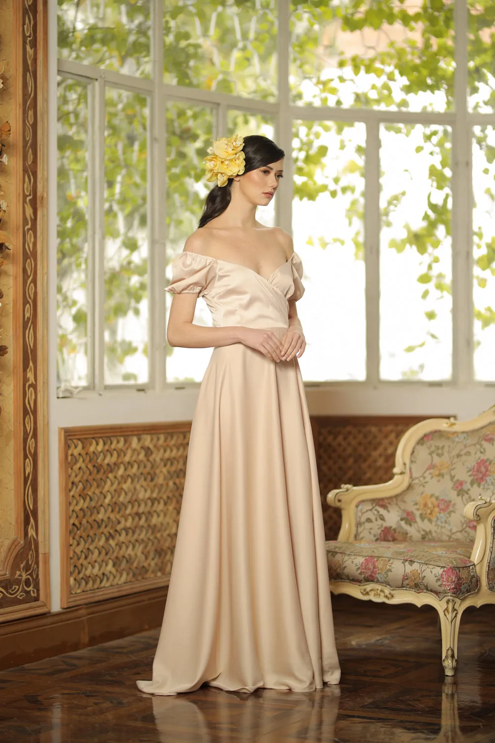 CASSANDRA Puff Sleeve Silk Maxi Dress with High Slit (Light Nude Silk)