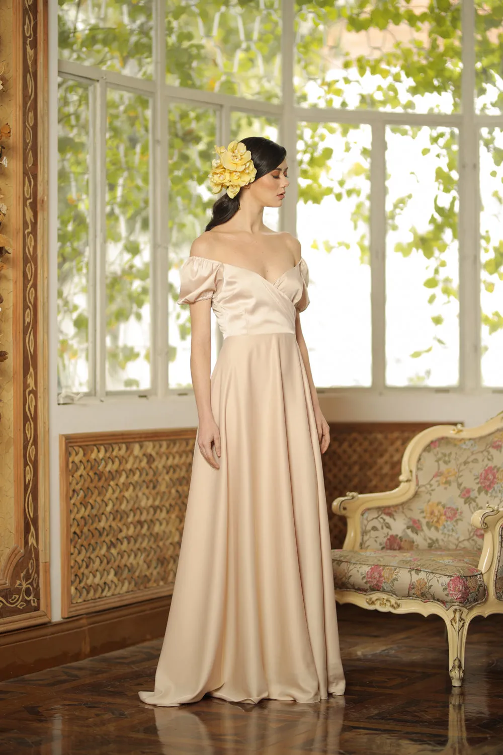 CASSANDRA Puff Sleeve Silk Maxi Dress with High Slit (Light Nude Silk)