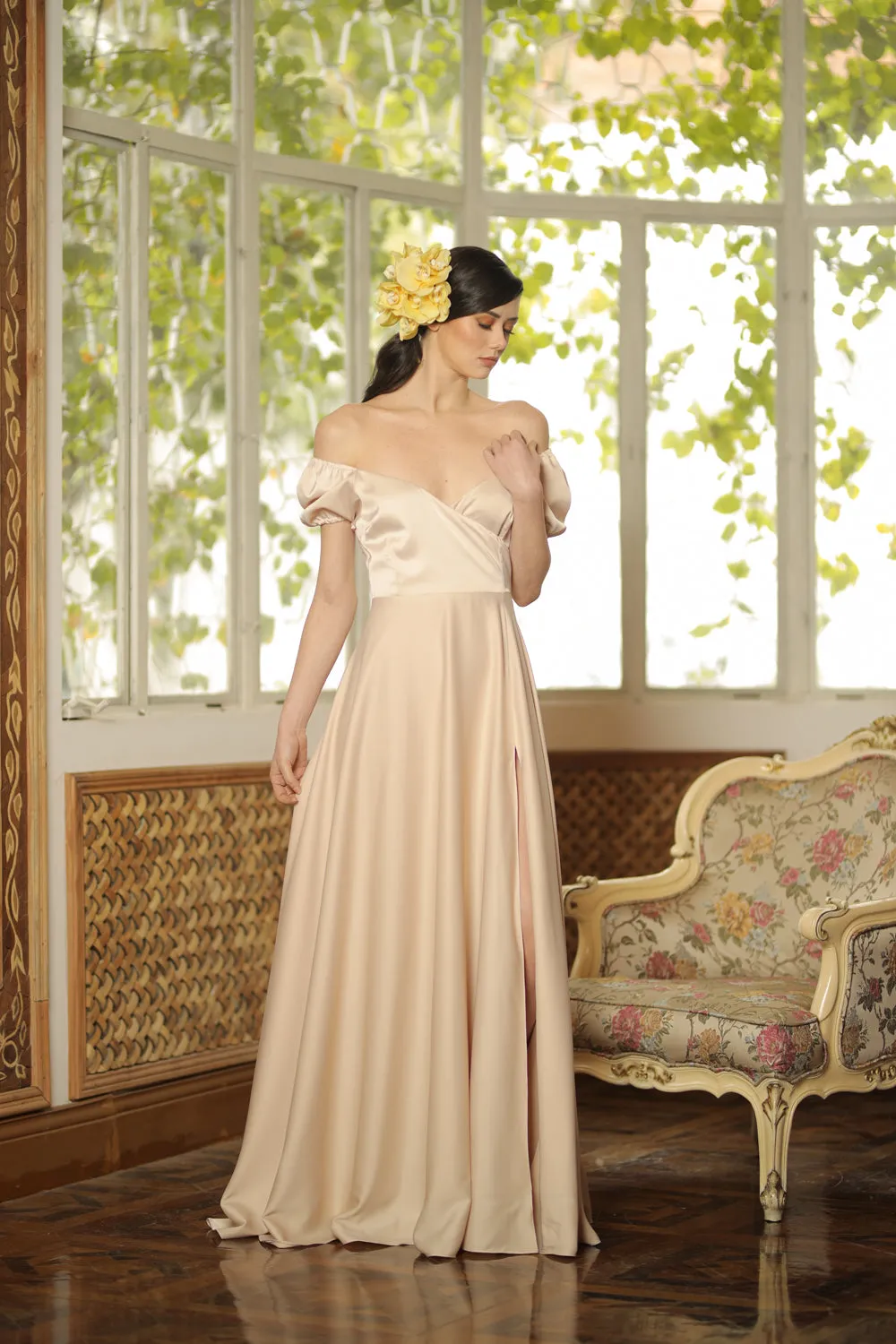 CASSANDRA Puff Sleeve Silk Maxi Dress with High Slit (Light Nude Silk)