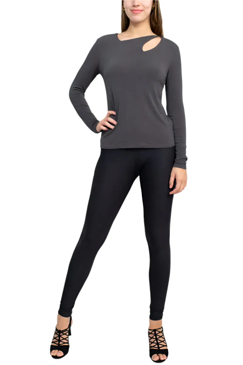 Catherine Malandrino Asymmetrical Cutout Neck Long Sleeve Solid Crepe Top