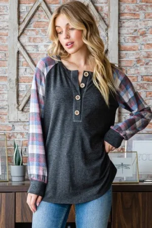 Charcoal Baseball L/S with Plaid Sleeve