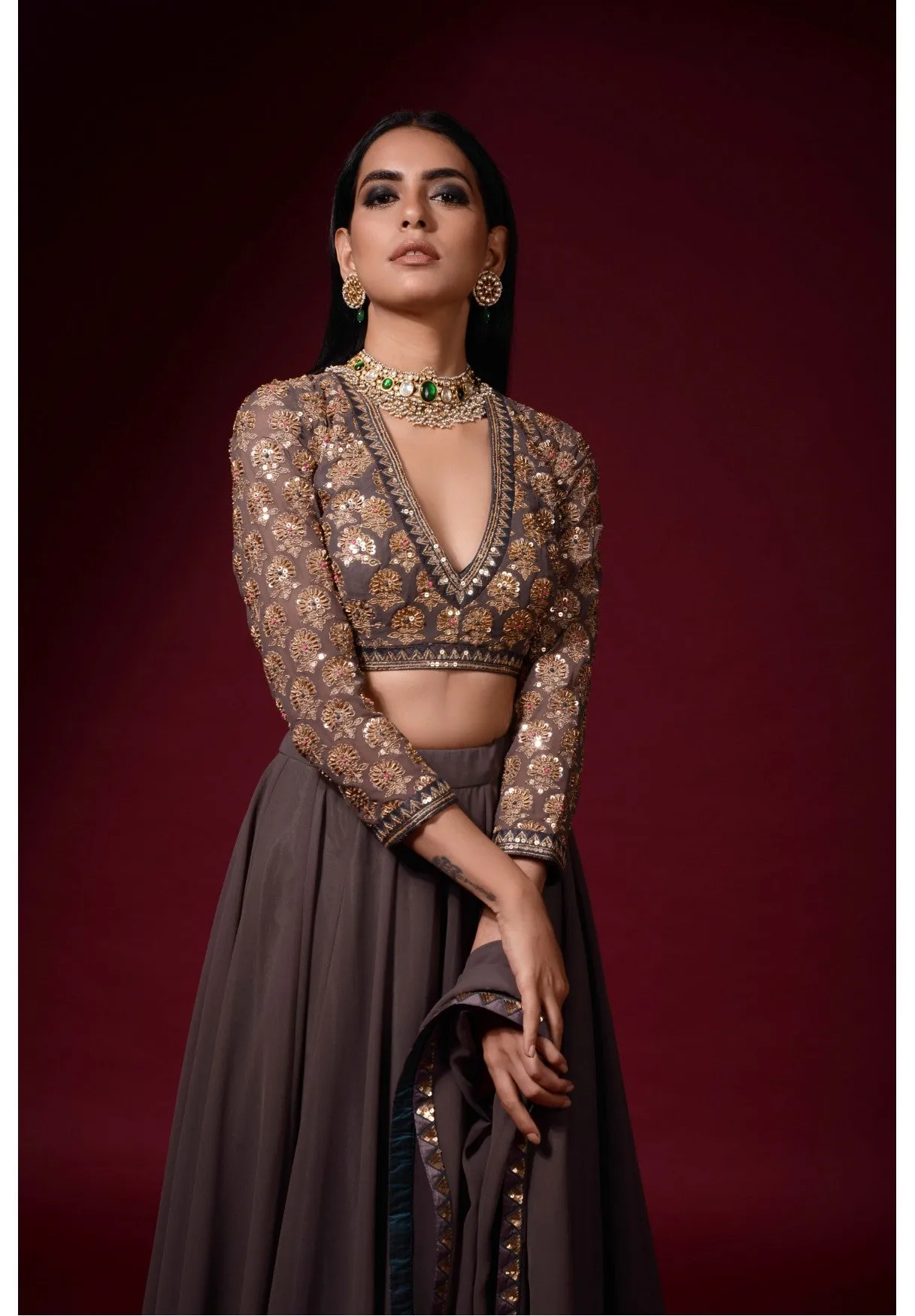 Charcoal Grey Lehenga Pant Set