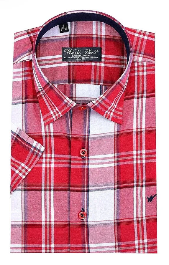 Checked Short Sleeve Burgundy Men Shirt - Wessi