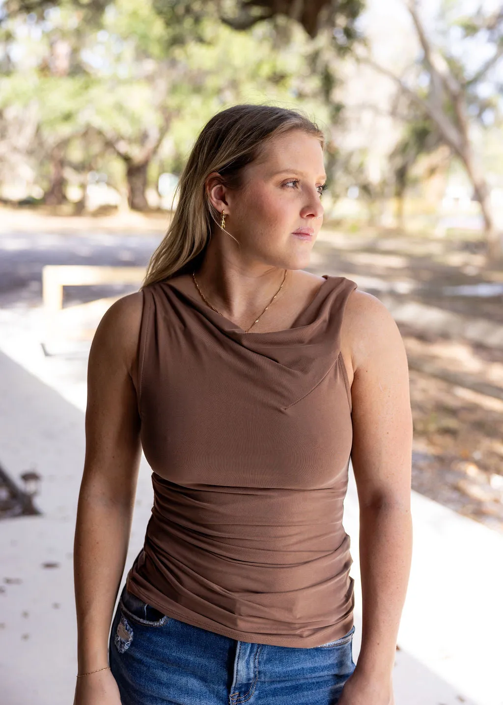 Cocoa Asymmetrical Twist Shoulder Top