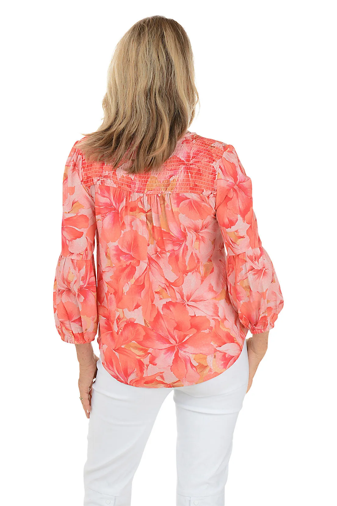 Coral Sky Jacquard Puff Sleeve Blouse
