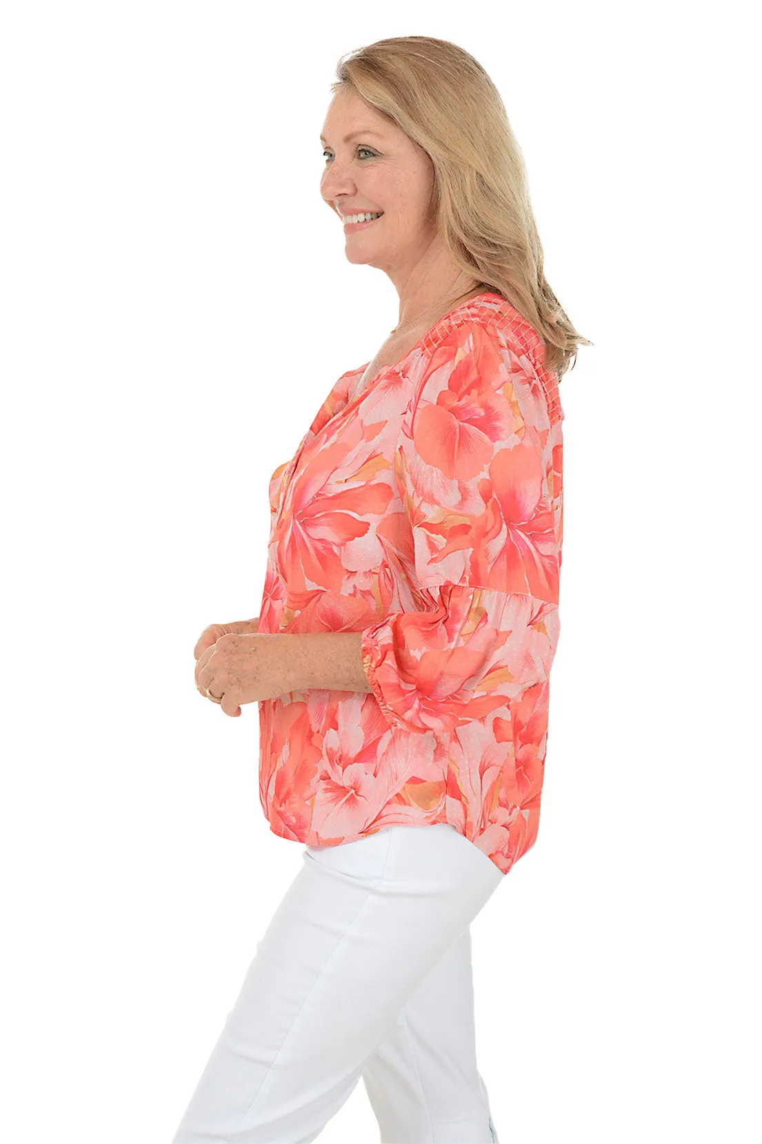 Coral Sky Jacquard Puff Sleeve Blouse