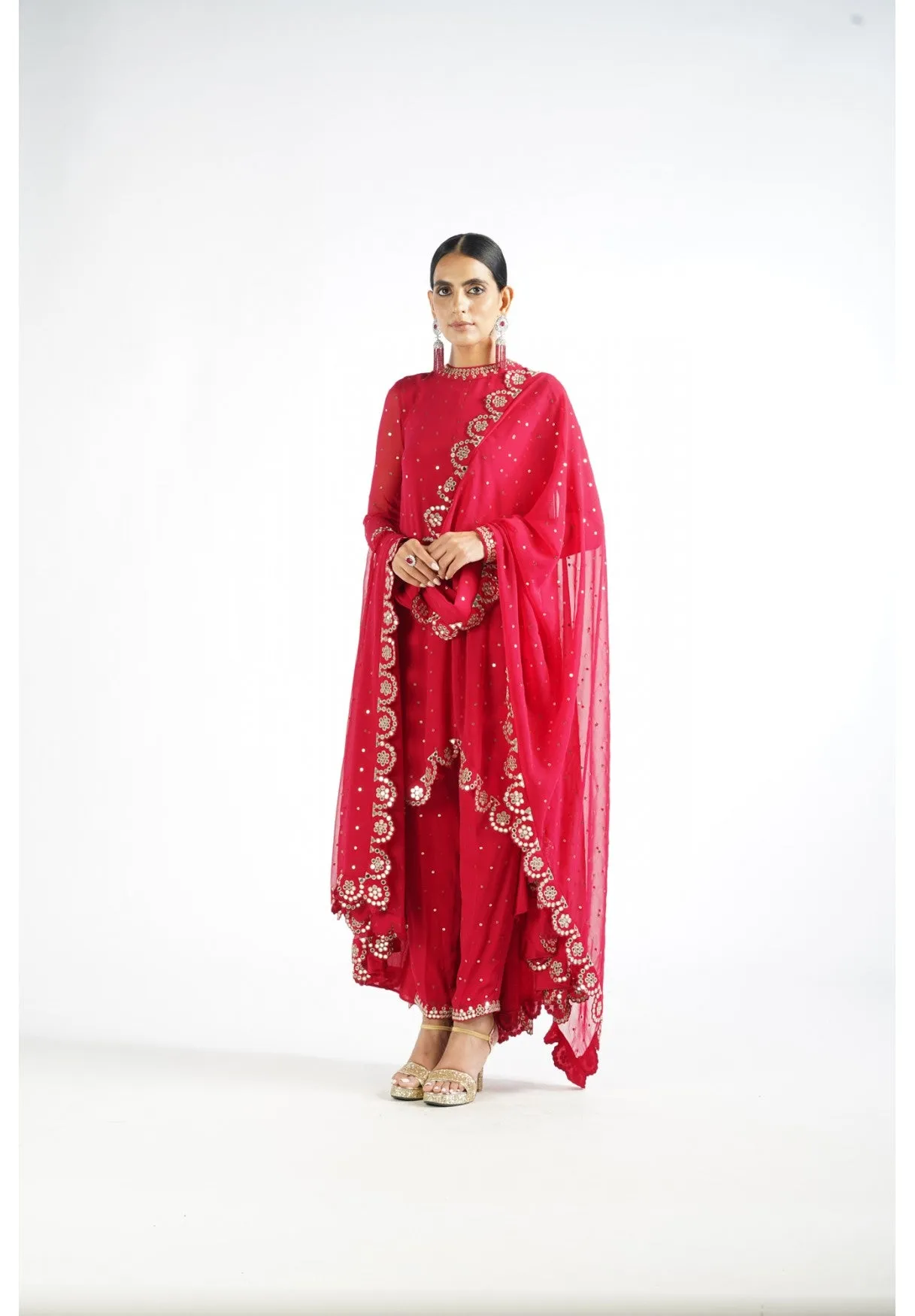 Crimson Red Scallop Pant Kurta Set