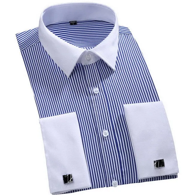 Cufflinks Men Dress Shirts Fashion Formal Business Wedding French Cuff Stripe Shirts T0025