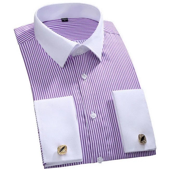 Cufflinks Men Dress Shirts Fashion Formal Business Wedding French Cuff Stripe Shirts T0025