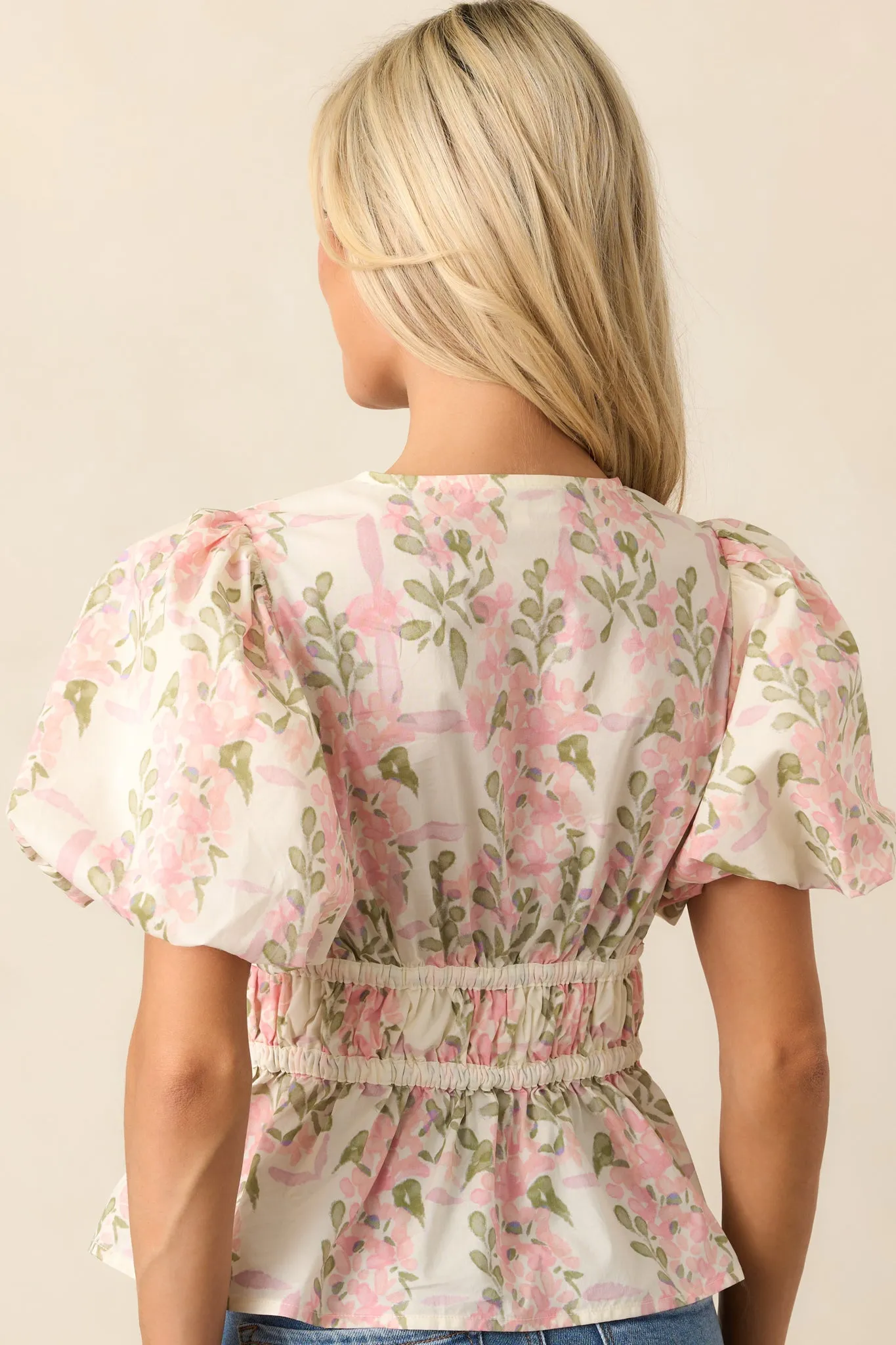 Dancing On Dewdrops Cotton Pink Floral Puff Sleeve Blouse