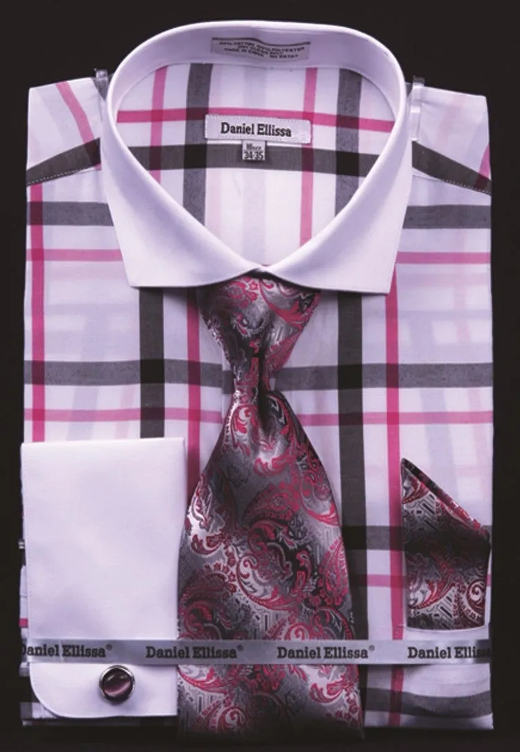Daniel & Ellisa DS3771P2 Men's Checker Pattern French Cuff Shirts with Cuff Links